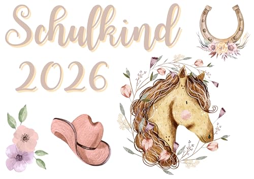 Bügelbild Set für Textilien,Schulkind 2026,Einschulung,Schulstart,Pferd,Western,Cowboy,Mädchen,Aufbügler,DIY,Bügelmotiv,T-Shirt,Schulanfang 2026,Aquarell Bügelbild,Geschenk,Schultüte