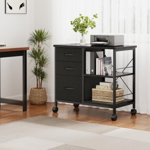 DUMOS 3-Tier Mobile File Cabinet, Printer Stand with Storage, Office Table with Drawers and Back Support Bar, Holds 110lbs for Home Office, Rustic Black by DUMOS - Image 2