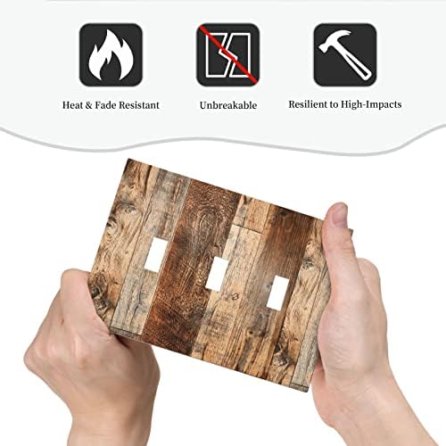 Rustic Brown Wood Triple Toggle Light Switch Cover 3 Gang Switch Plate Decorative Electrical Faceplate Farmhouse Vintage Wood Grain Switchplate for Bathroom Kitchen Decor (Plastic) - 5