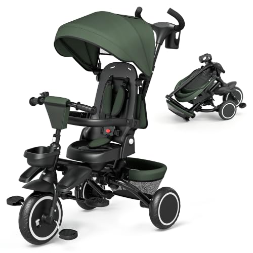 Kinder King Kids Tricycle, 8 in 1 Folding Toddler Trike w/Adjustable Push Handle, Rotatable Seat, Adjustable Canopy, Bell, Five-Point Harness, Storage, Bike Tricycle for Toddlers 1-5, Forest