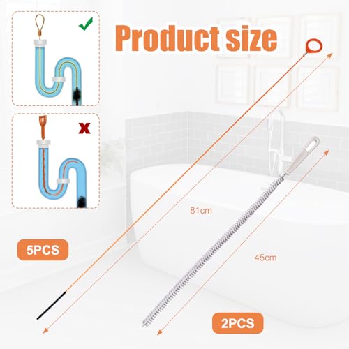 Abflussreiniger Spirale 81cm 5er-Pack mit 2 45 cm Rohrbürste, Drain Snake Wiederverwendbar, Abflussspirale Dünn, Flexible Reinigungsbürste für Badewanne, Kanal, Waschbecken