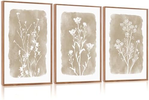 CHDITB Botanical Farmhouse Wall Art Set, Framed Boho Plant Wall Decor, Neutral Minimalist Floral Wall Painting, Rustic Wildflower Canvas Art Prints for Living Room, Bedroom, Bathroom - Large 16"x24"x3