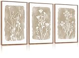 CHDITB Neutral Botanical Wall Art Set of 3, 24'x36' Large Framed Boho Farmhouse Wall Decor, Modern Minimalist Floral Wall Painting, Rustic Wildflower Canvas Art Prints for Living Room, Bedroom