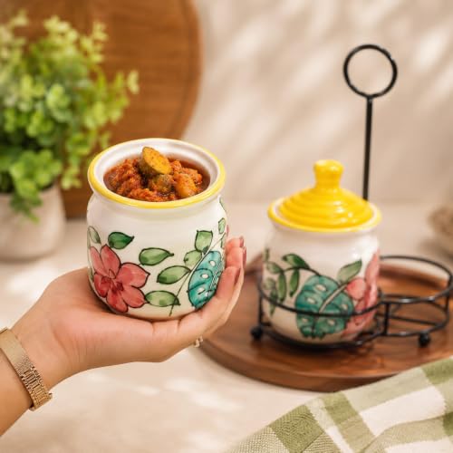 Image of Niyara Multipurpose Storage Ceramic Pickle set Jars & with Lid & tray (Set of 2, 300 ML) (YELLOW FLOWER)