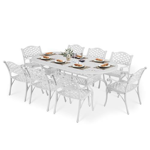 VIVIJASON 9-Piece Outdoor Dining Set, All-Weather Cast Aluminum Retro Patio Dining Set, Include 8 Chairs and an Oval Table with Umbrella Hole for Balcony Lawn Garden Backyard, White