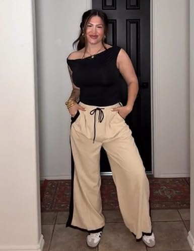 Lentta Womens Linen Wide Leg Pants Side Striped Palazzo Pants Beach Pants with Pockets Lounge Vacation Outfits3