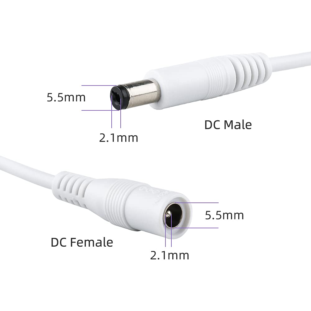 Câble de rallonge d'alimentation mâle vers femelle pour caméras de sécurité IP CCTV DVR et autres appareils Blanc 5,5 mm x 2,1 mm 12 V