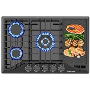 Gas Cooktop 30 Inch with Grill/Griddle, GASLAND PRO GH2305EF 5 Burner Gas Stove, Built-in NG/LPG Convertible Gas Cooktops, Gas Countertop Plug-in with Thermocouple Protection, Black