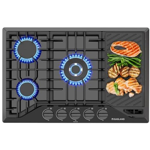Gas Cooktop 30 Inch with Grill/Griddle, GASLAND PRO GH2305EF 5 Burner Gas Stove, Built-in NG/LPG Convertible Gas Cooktops, Gas Countertop Plug-in with Thermocouple Protection, Black