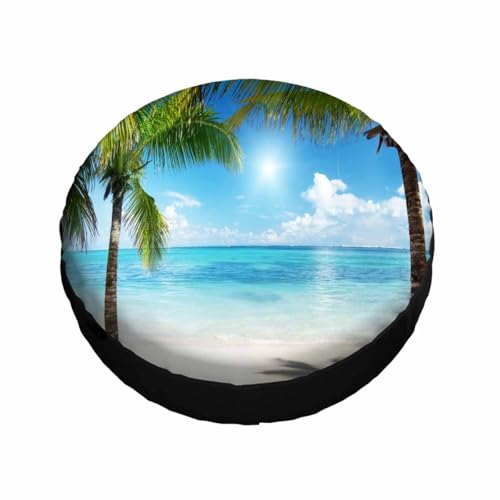 Image of Palms and Beach Spare Tire Cover Tropical Landscape Caribbean Wheel Covers for RV Tires Camper Tire Case Protectors for Trailer Rv SUV Truck Travel Trailer 17 in