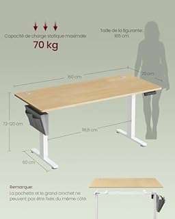 SONGMICS Bureau Électrique Réglable en Hauteur, 160 x 70 cm, Table Assis-Debout, Fonction Mémoire 4 Hauteurs, pour Bureau, Télétravail, Doré Chêne LSD136Y01