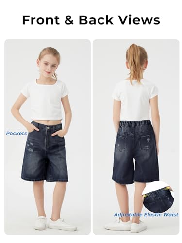 Image of Girls Shorts Elastic Waist Jorts Denim Jean Shorts Ripped Knee Length Bermuda Shorts for Kids Teen Girls Summer