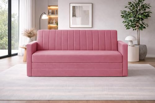 Image of Rosebell Three Seater Foldable Sofa-Cum-Bed | 3-in-1 Foldable Couch with Armrest | Modern Fabric Sofa for Living Room, Bedroom & Office-Rose Pink