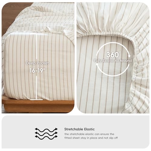 Image of MooMee Striped Sheet Set 100% Washed Cotton Linen Like King | Relaxed Linen-like Texture. Soft, Breathable & Lightweight Comfort. 15-19 inch Extra Deep Pocket with All-around Elastic