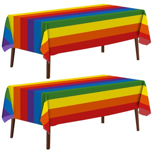 CXPSINC 2 Packs Rainbow Tablecloth 54x108 Inch Rectangular Tablecloth Carnival Pride Disposable Plastic Tablecloth for 6ft to 8ft Long Table Rainbow Birthday Party Supplies for Carnival Pride Party