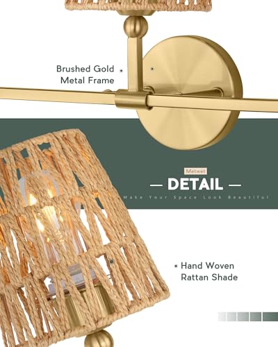 Image of 3-Light Bathroom Light Fixtures, Brushed Gold Rattan Vanity Lights with Flared Handwoven Shade, Boho Wall Sconce, Farmhouse Sconces Wall Lighting for Hallway Bedroom, VL837-BG-RA-3