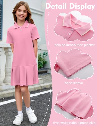 COZYPOIN Girls Polo Dress Short Sleeve Ruffle Pleated School Uniform Summer Casual Active Dropwaist Dresses(Pink-M)4