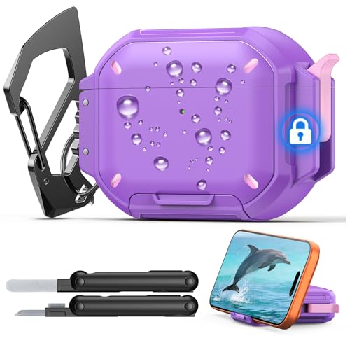 Image of MoKo for AirPods Pro 3 Case with Secure Lock - IP68 Waterproof Case for iPods Pro 3, Military-Grade Protective Cover Earpods Pro 3 with Keychain, Phone Stand & Cleaner Kit, Purple