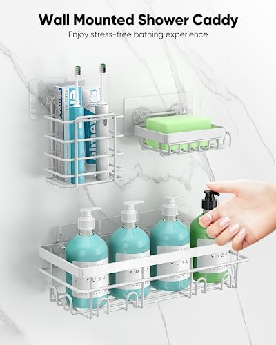 Pokipo Shower Caddy 5 Pack, Adhesive Shower Organizer With Soap Dishes & Toothbrush Holder & 20 Hooks, Large Rustproof Stainless Steel Bathroom Shower Shelf For Inside Shower Storage Decor, White #TOP1