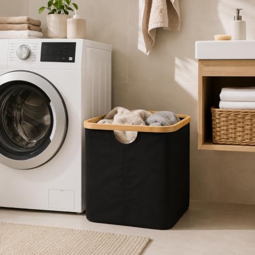 Miniatura 3 de Lin Home Cesto De Tela Plegable Negro Para Ropa Sucia Cuadrado 30x30x24.5cm Con Asa De Bambú - Cesta Organizadora Multiuso Para Ropas, Lavadero Baño Dormitorio