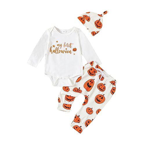 Image of My First Halloween Baby Boy Outfit Newborn Pumpkin Print Long Sleeve Romper Bodysuit Pants Clothes Costume Set (My First Halloween Pumpkin Print, 6-12 Months)