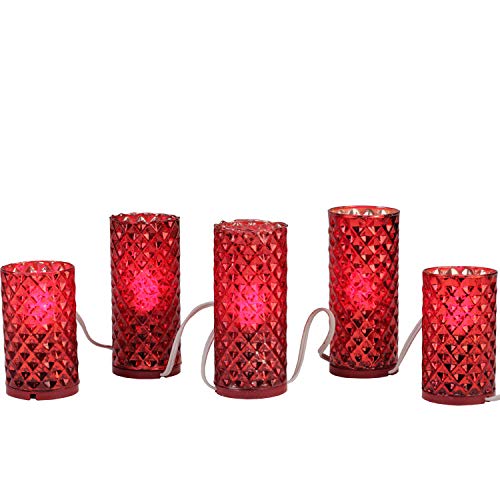 5-Count Red Diamond Faceted Flameless Pillar Candle Christmas Light Set, 3.1ft White Wire