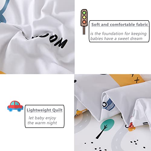 Image of PERFEMET 4 Pcs Toddler Bedding Set - Soft Reversible Cars, Bus, Trucks Print Toddler Bed Set for Boys & Girls - Matching Sheet Set (Light Grey, Taxis /Bus /Trucks)