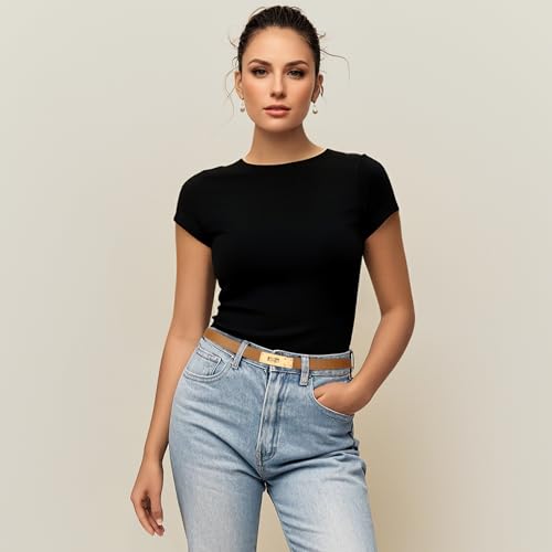 Women Brown Skinny Leather Belt Solid Color Adjustable Thin Belt Alloy Turn Lock For Jeans Dresses4