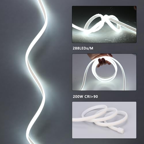Image of BENLUN 220 V COB LED Strip, Waterproof, 20 m, 6000 K, Cool White, Flexible Cuttable IP65 Waterproof LED Strip Without Transformer, Plug Included, for Construction Sites, Bedrooms