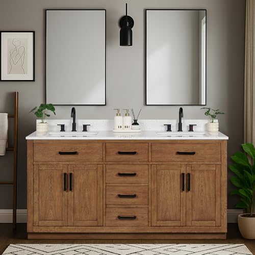 XWNE 66-inch Dark Walnut Bathroom Vanity 2 Sinks, Solid