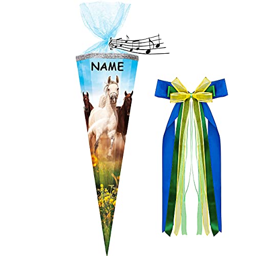alles-meine.de GmbH Sound Modul ! - Schultüte - Wildpferde/Pferd - 70 cm - rund - incl. Namen und große Schleife - Organza Abschluß - Zuckertüte - mit/ohne Kunststoff S..
