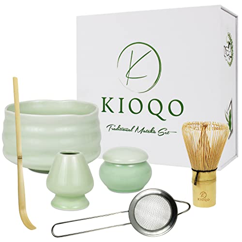 KIOQO Matcha tea set - tea ceremony set - Japanese matcha whisk and bowl set - Traditional Ceramic and 100 Percentage bamboo matcha set - Tea ceremony whisk and bowl matcha kit with FREE Ebook Green