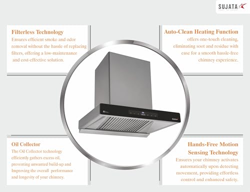 Image of Sujata Zircon Chimney for Kitchen 75cm |Suction Power 1750 m /hr| Kitchen Chimney for Home, Built-In Oil Collector, Auto Clean Feature, Warranty 15 Years BLDC Motor & 5 Years Whole Product (Grey-75cm)