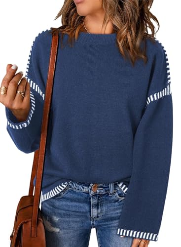 LAVANACE Women's Crewneck Long Sleeve Sweater Casual Fall Contrast Ribbed Knit Pullover Jumper Tops XL Navy Blue