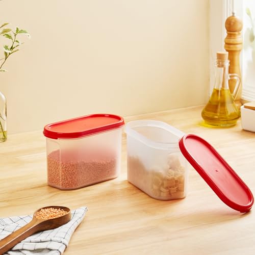 Image of Amazon Brand - Solimo Antimicrobial Modular Plastic Storage Containers with Lid (1200 ml each) | Stackable | BPA-Free |Microwave Safe |Multipurpose Use for Snacks, Spices, & more(Set of 2) (Light Red)