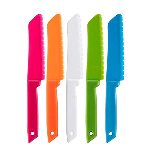 QincLing 5 Pieces Plastic Kid Kitchen Knife Set, Nylon Chef Knife Children's Safe Cooking Knives for Baking, Fruit, Bread, Cake, Lettuce Knife, Salad Knife