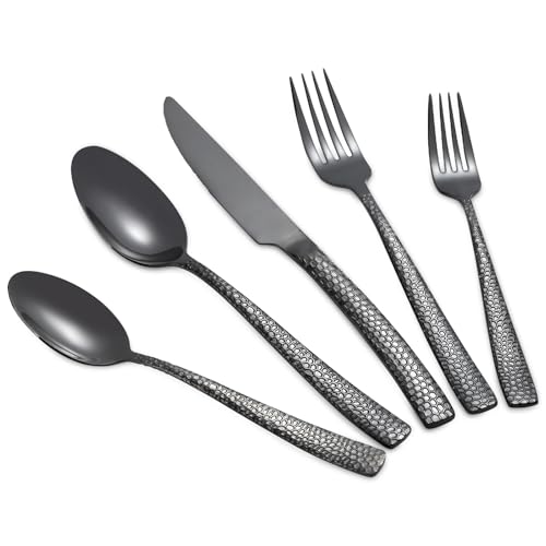 20-Piece Black Silverware Set, Heavy Duty Hammered 18/10 Stainless Steel Flatware Set for 4, Food-Grade Cutlery Set, Tableware Set Including Fork Knife Spoon Set,Dishwasher Safe