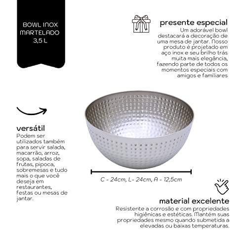 Mimo Style Bowl Inox Martelado 24cm - Produzido Inteiramente em Aço Inoxidável C/Detalhe Na Superfíc