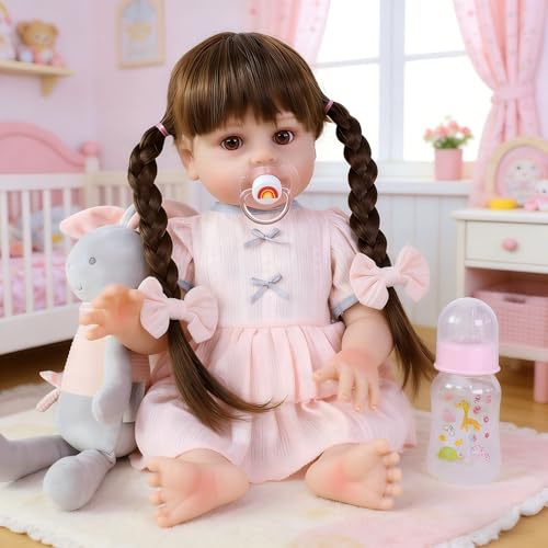 Muñeca bebé Reborn de 18 pulgadas con cabello largo y cuerpo ponderado miniatura 3