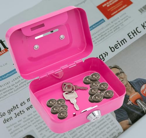 Kleine abschließbare Geldkassette mit Schlüssel, kleiner Tresor, Geldkassette mit Schlüsselschloss, Metallspind, Geldbörse, Registrierkasse mit 2 Schlüsseln, 11,5 x 8,5 x 5,8 cm (Rosa)