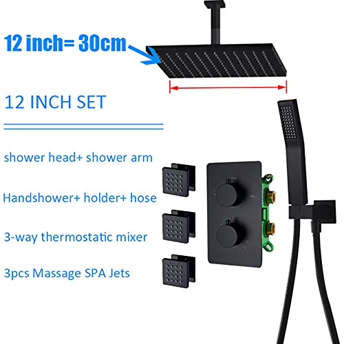 Kit rubinetti per doccia termostatici neri Doccia a pioggia in ottone 3 pezzi Getti SPA per massaggi Rubinetto termostatico a 3 vie Rubinetto per vasca da bagno, set completo da 12 pollici