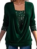Sequin Loose Smocked Fake Two-Piece Top, Long Sleeve Daped Ruched Sparkle Shirts, Dressy Square Party Night Top (Green, 4XL)