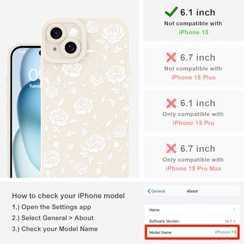 Image of Designed for iPhone 15 Case, Cute Rose Flower Floral Pattern Design, Slim Soft TPU Liquid Silicone Protective Cover for Women Girls - White