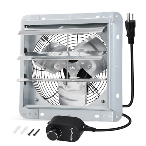 Criditpid 14 Inch Shutter Exhaust Fan with Speed Controller and Power Cord for Garage, Greenhouse, Attic, Chicken Coop, Shop, Shed, Basement Ventilation, 1088 CFM 1450 RPM Wall Mounted Exhaust Fan.