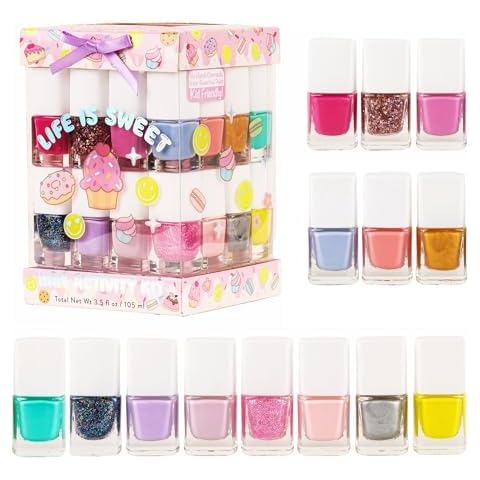SIMPLE PLEASURES 17 Piece Nail Acvitiy Set - 14 Assorted Water Based Nail Polish Shades, Gift Set for Girls Ages 7-12, Pink Sprinkle Cover