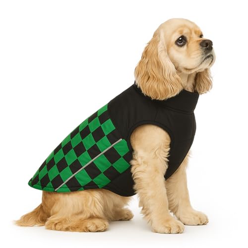 The Pets Company Dog Winter Coat Jacket, Clothes, Windproof, Waterproof, Light Weight, Washable, Ultra Warm Thick Fleece Lined Dog Vest for Cold Weather Protection, (Green Check, Medium - 18 Inch)