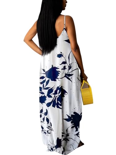 Image of Summer Dresses for Women Spaghetti Strap Beach Floor Length Maxi Sundresses | Floral Print,Casual,with Pockets