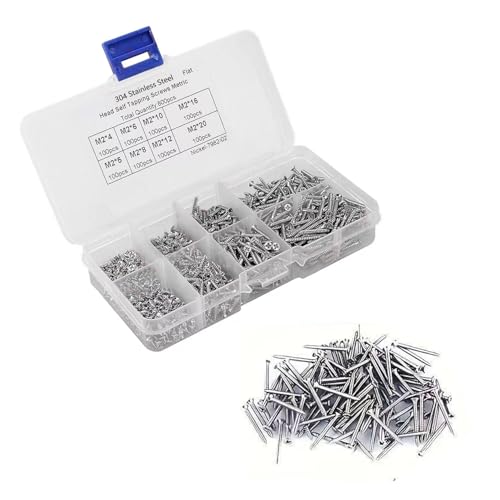800 tornillos autorroscantes M2, surtido M2, tornillos de cabeza plana, tornillos de cabeza avellanada, juego de tornillos para madera, acero inoxidable M2 autorroscantes