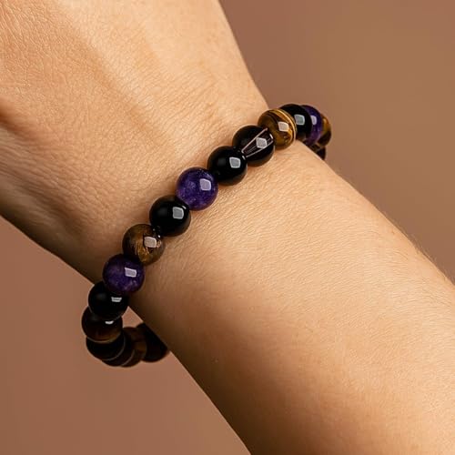 1PC Tiger's Eye Beaded Bracelet, Stretchy Beaded Bracelet, Healing Crystal Jewelry for Women Men, Fashion Accessory for Energy Balancing(Purple&Brown)2