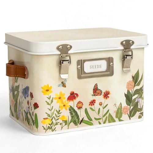 1Canoe2 Wildflower Botanicals Tin Seed Organizer Storage Box, Garden Seed Packet Vault Container, Gardening Supplies, Greenhouse Accessories, Gardening Gifts for Women by 1Canoe2 - Used condition - US$35.64